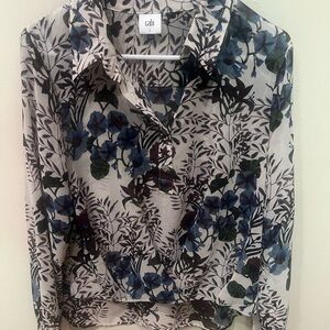 CAbi Cream and Blue Floral Blouse